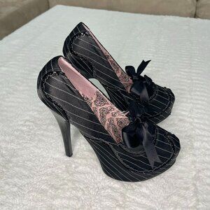 Bordello Platform High Heels Teeze-01 Size 6 Black Pinstripe Bow Burlesque Pumps